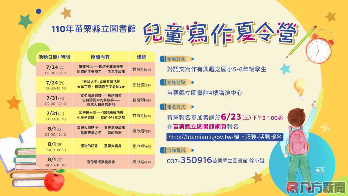 「110年苗栗縣立圖書館兒童寫作夏令營課程」因應疫情警戒持續修正為線上報名